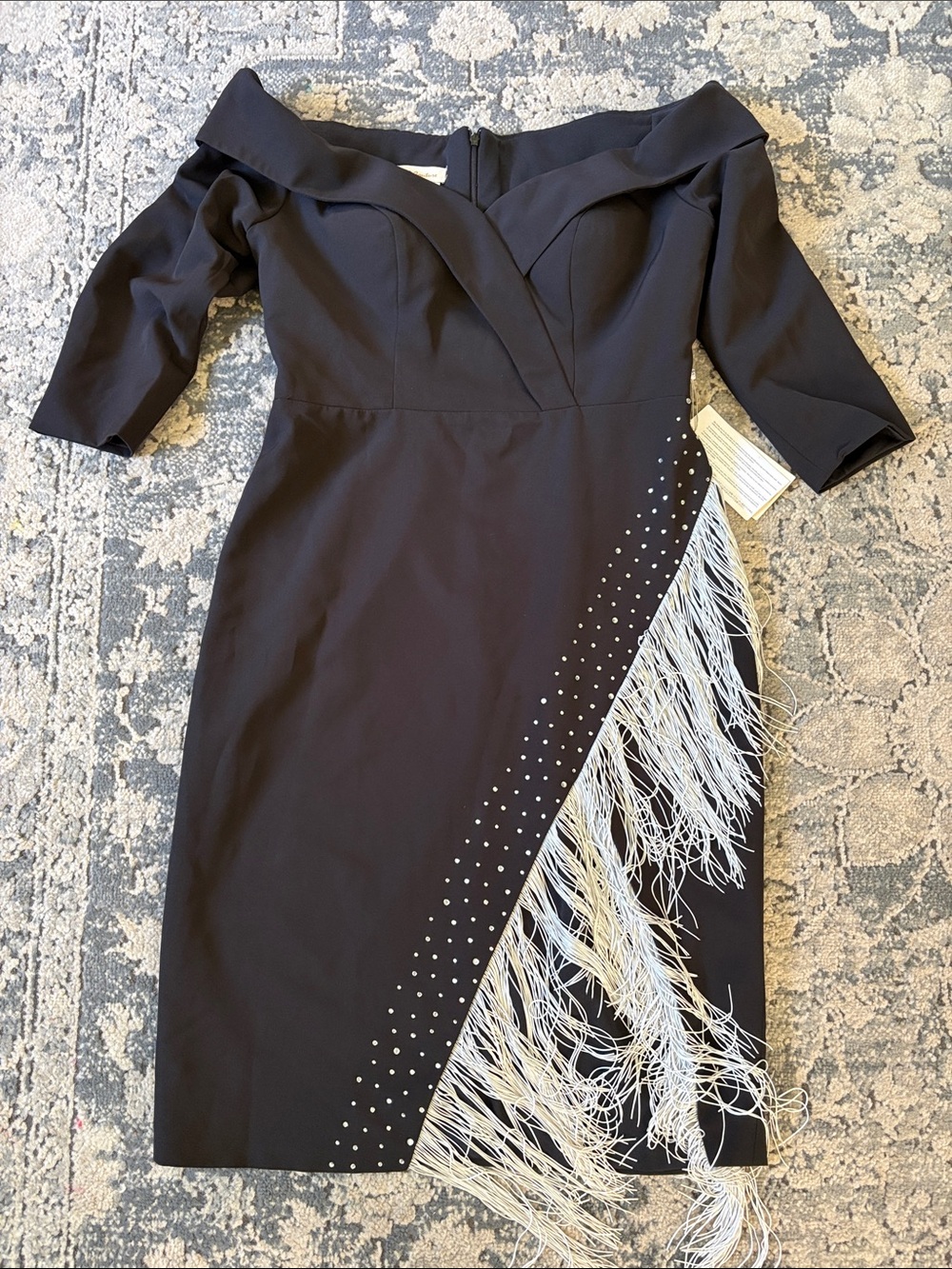 Js Coture Black off Shoulder Cocktail Dress with White Fringe